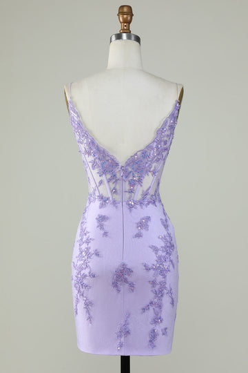 Bodycon Spaghetti Straps Purple Corset Cocktail Dress with Appliques